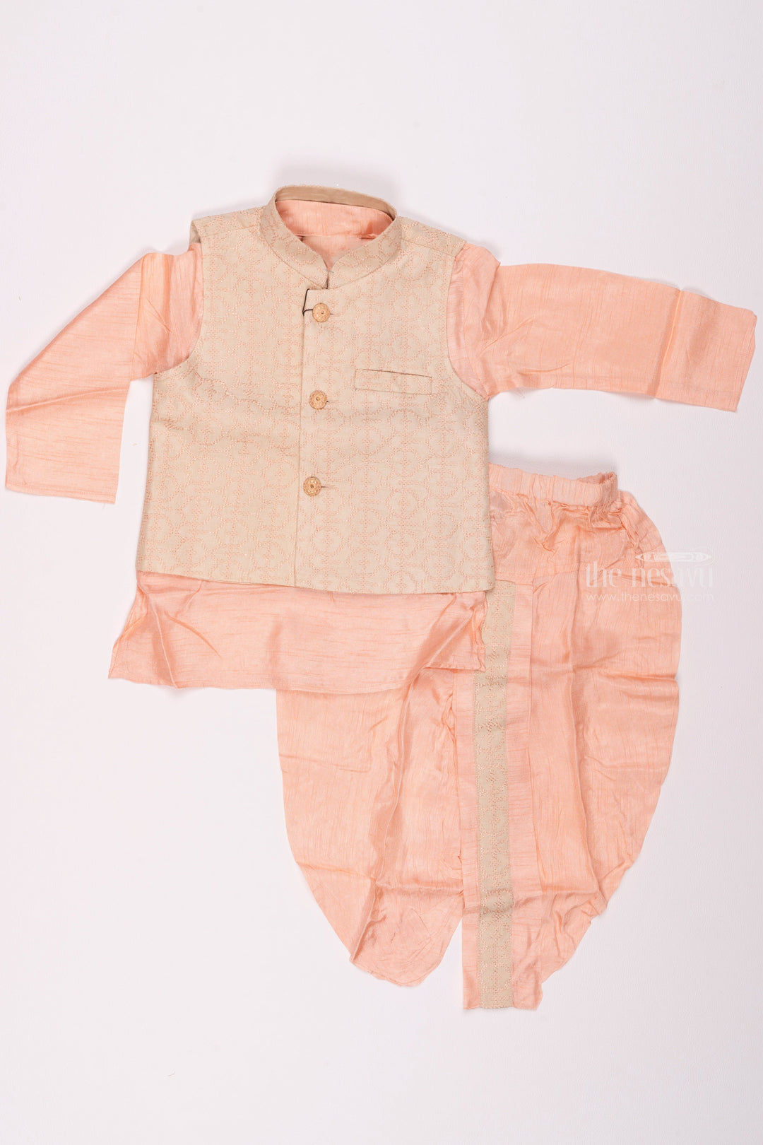 The Nesavu Boys Jacket Sets Pink Perfection Resham Embroidered Overcoat & Delicate Pink Kurta with Panchagajam Set for Boys Nesavu Boys Kurta with Dhoti | Perfect for Festive Occasions | The Nesavu