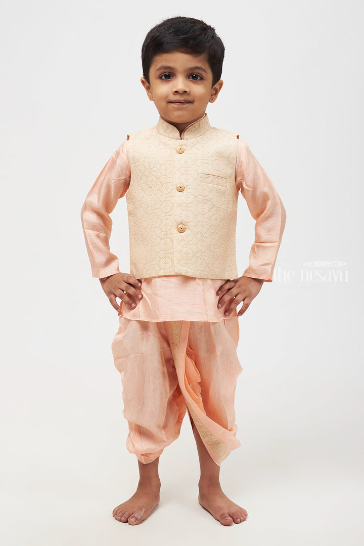 The Nesavu Boys Jacket Sets Pink Perfection Resham Embroidered Overcoat & Delicate Pink Kurta with Panchagajam Set for Boys Nesavu Boys Kurta with Dhoti | Perfect for Festive Occasions | The Nesavu