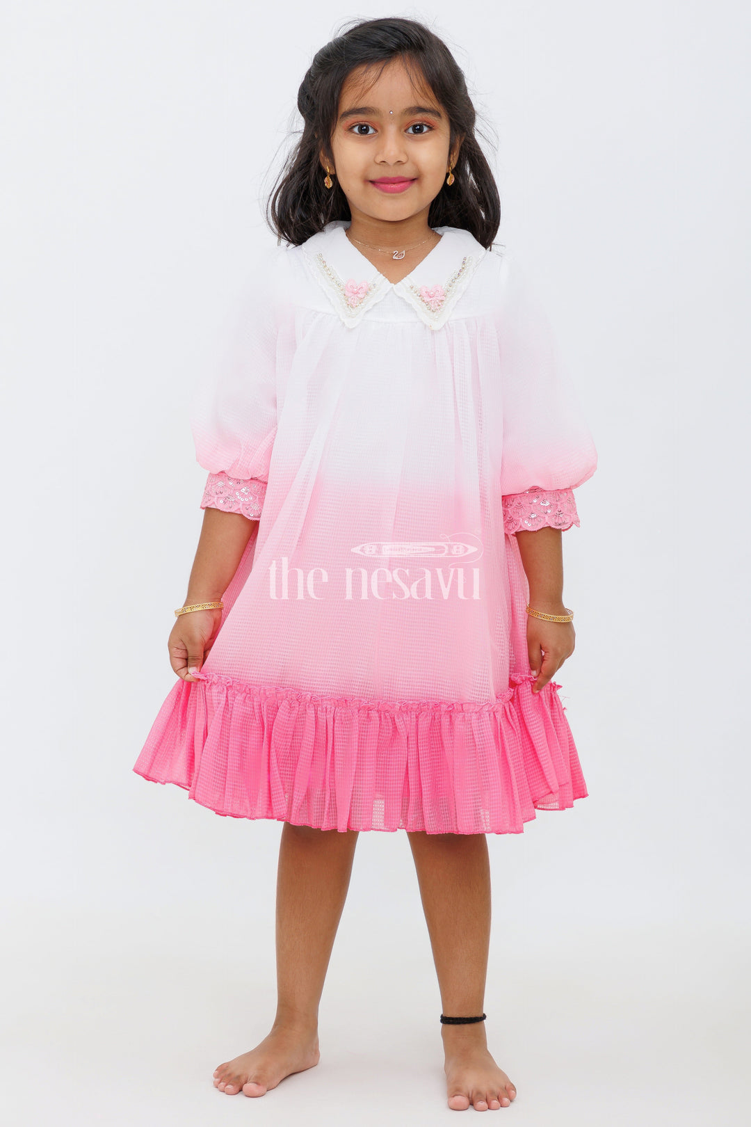 The Nesavu Girls Fancy Frock Pink Shaded Polysilk Organza Frock with Lace Detail for Girls Nesavu Pink Shaded Polysilk Organza Frock with Lace Detail for Girls Nesavu