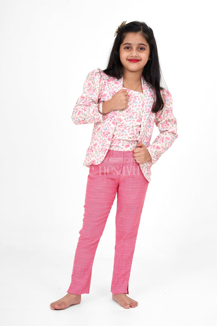 The Nesavu Girls Sharara / Plazo Set Pink Sharara with Floral Printed Jacket in Flax Cotton Blend, Perfect for Festive and Casual Wear Nesavu 18 (2Y) / Pink GPS471A-18 Chic Pink Sharara Floral Printed Jacket Flax Cotton Blend Nesavu Ideal Festive Casual Wear