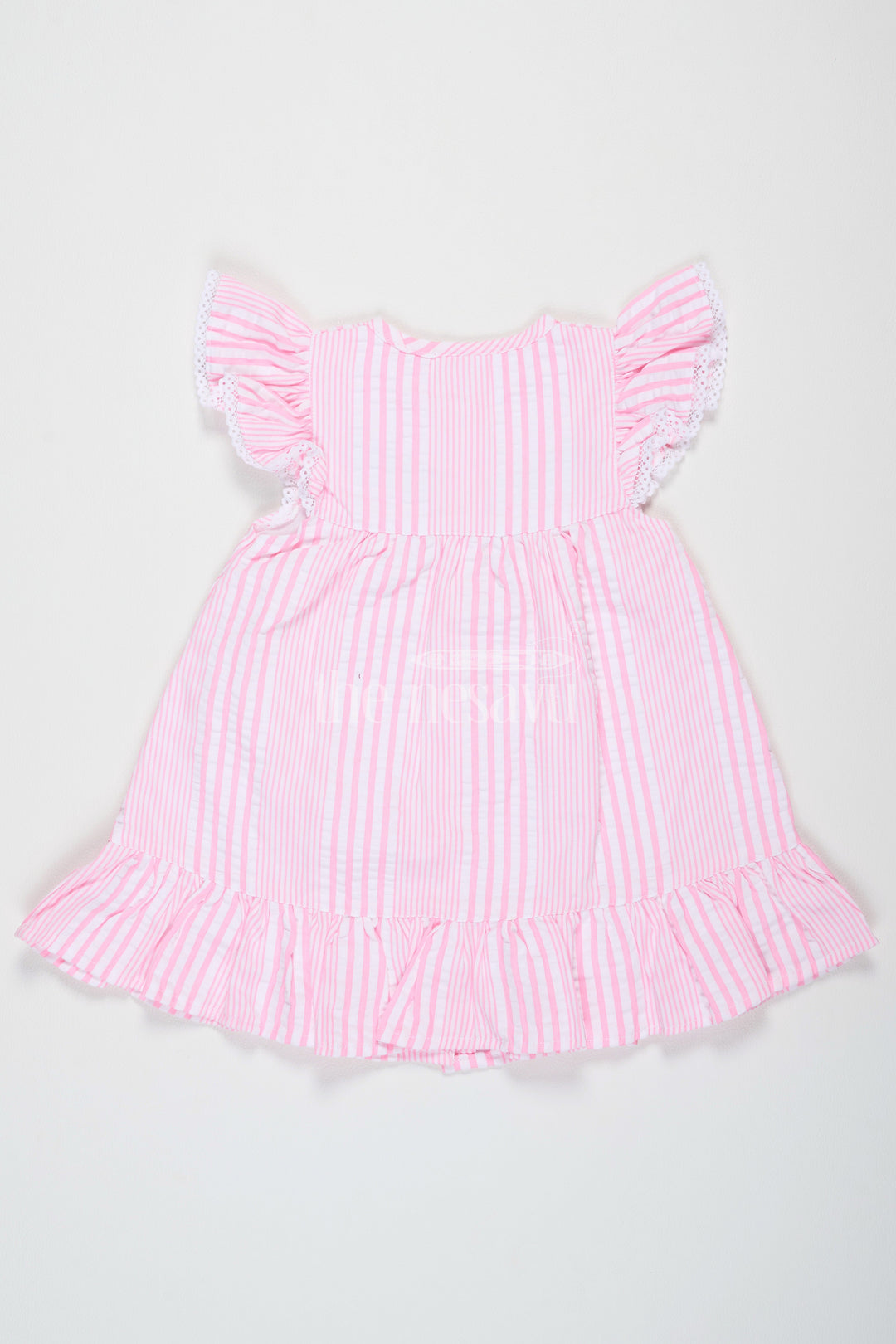 The Nesavu Baby Cotton Frocks Pink Striped Baby Cotton Frock with Floral Embroidery and Ruffled Sleeves for Girls Nesavu Nesavu Pink Striped Baby Cotton Frock Floral Embroidery Ruffled Sleeves Casual Wear