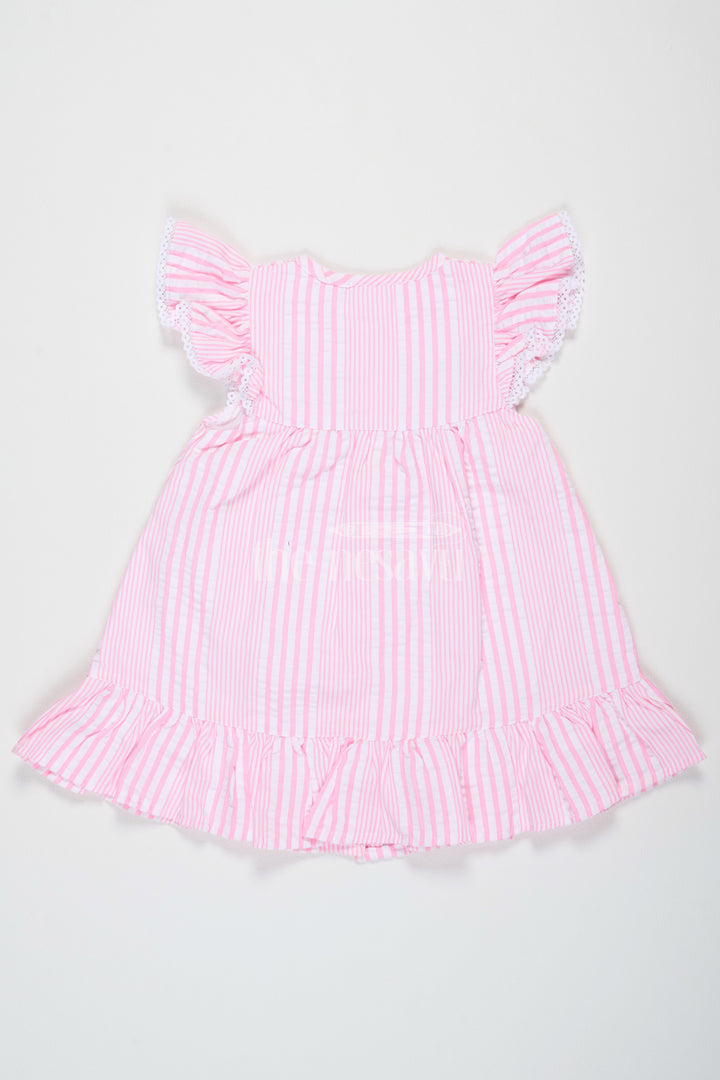 The Nesavu Baby Cotton Frocks Pink Striped Baby Cotton Frock with Floral Embroidery and Ruffled Sleeves for Girls Nesavu Nesavu Pink Striped Baby Cotton Frock Floral Embroidery Ruffled Sleeves Casual Wear