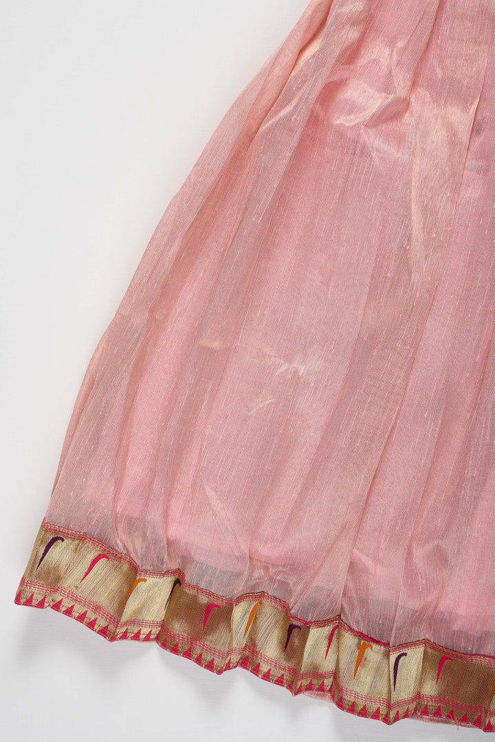 The Nesavu Girls Silk Gown Pink Tissue Fabric Saree Gown for Girls with Embroidered Hip Belt Nesavu