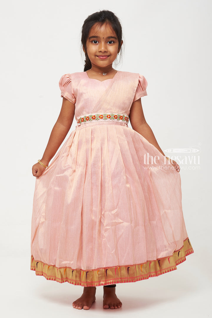 The Nesavu Girls Silk Gown Pink Tissue Fabric Saree Gown for Girls with Embroidered Hip Belt Nesavu