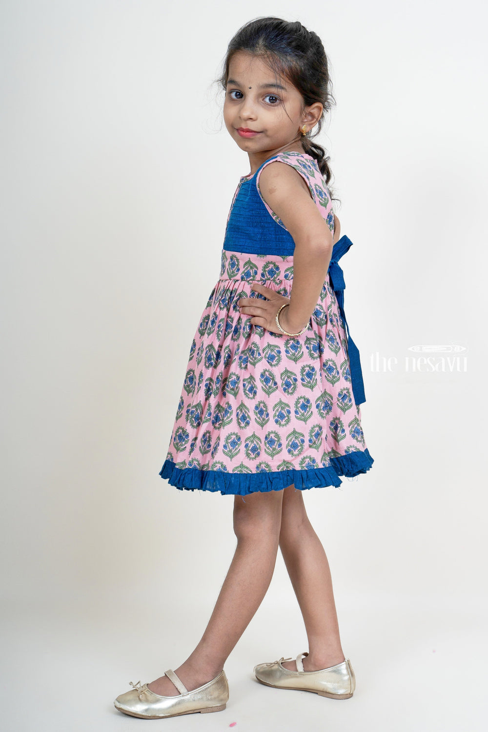 The Nesavu Girls Cotton Frock Pink With Mid-Night Blue Ruffled Hem Pin-Tucked Cotton Gown For Girls Nesavu Girls Cotton Festive Collection 2022 | Shop Online Girls Frock This Diwali | The Nesavu