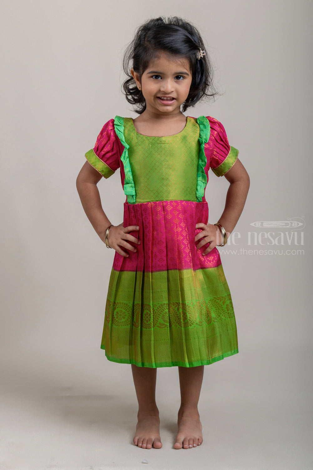 The Nesavu Girls Kanchi Silk Frock Pink with Parrot Green Light Weight Soft Banarasi Pattu / Silk Frock for Little Girls Nesavu 18 (2Y) / Pink / Big Border SF611A Latest Silk frock Collection | Green Silk frock | The Nesavu