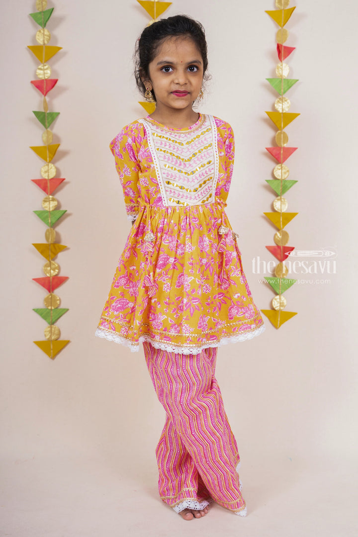 The Nesavu Girls Sharara / Plazo Set Pink With Yellow Soft Cotton Palazzo Designer Wear For Girls Nesavu Pink Palazzo Party Wear Ideas | Designer Embroidery Dresses | The Nesavu