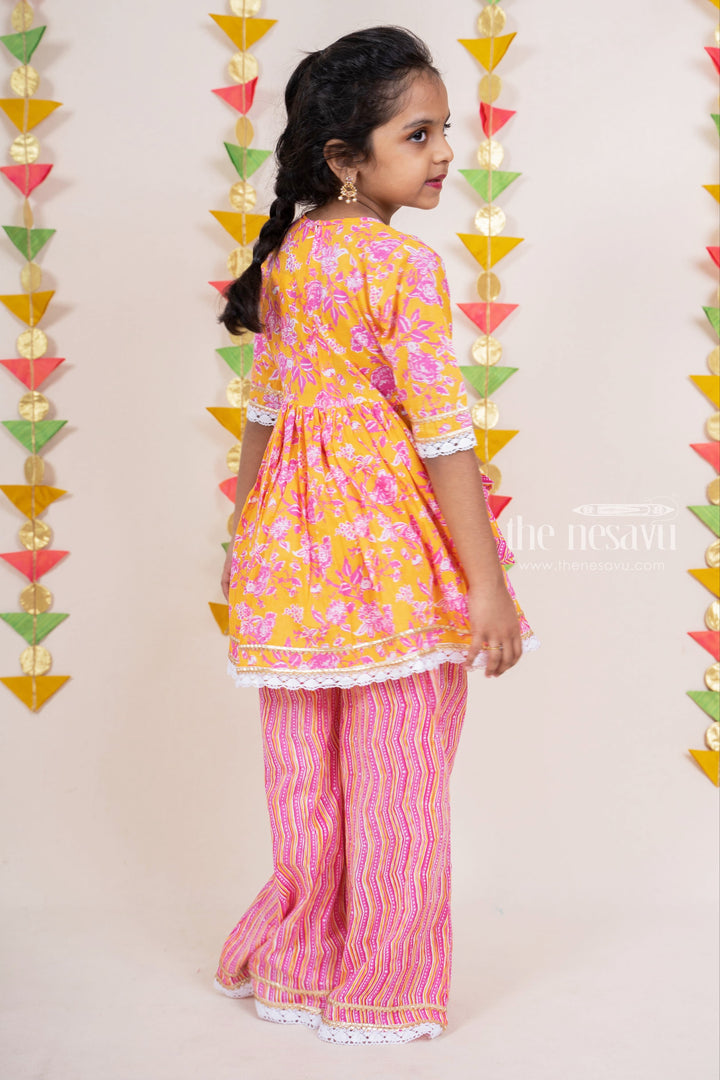 The Nesavu Girls Sharara / Plazo Set Pink With Yellow Soft Cotton Palazzo Designer Wear For Girls Nesavu Pink Palazzo Party Wear Ideas | Designer Embroidery Dresses | The Nesavu