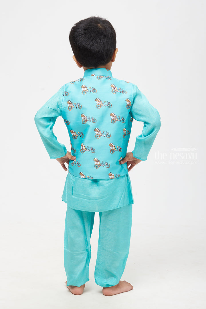 The Nesavu Boys Jacket Sets Playful Cartoon Printed Overcoat with Mandarin Collar Blue Kurta Pant Set for Boys Nesavu Boys Cartoon-Printed Overcoat with Blue Mandarin Collar Kurta Pant Set: Traditional Kids' Wear Fusion-The Nesavu