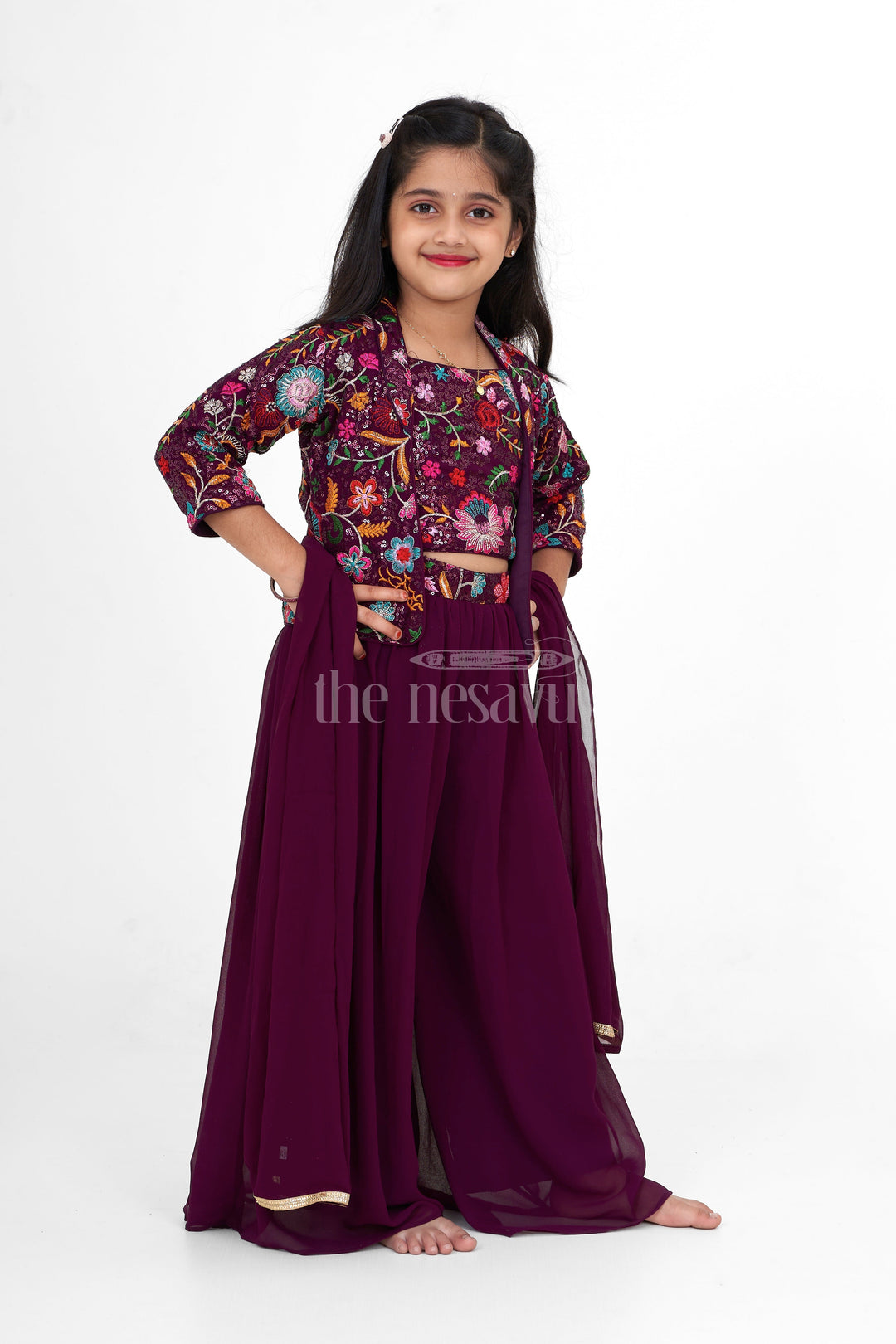 The Nesavu Girls Sharara / Plazo Set Plazo Set for Women with Floral Embroidered Georgette Jacket, Perfect for Festive Gatherings and Celebrations Nesavu Elegant Plazo Set Women Embroidered Floral Jacket Georgette Nesavu Perfect Diwali Festive Celebrations