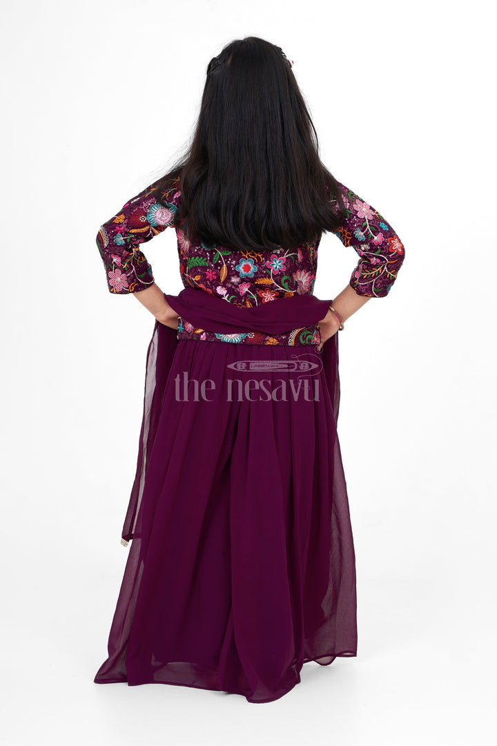 The Nesavu Girls Sharara / Plazo Set Plazo Set for Women with Floral Embroidered Georgette Jacket, Perfect for Festive Gatherings and Celebrations Nesavu Elegant Plazo Set Women Embroidered Floral Jacket Georgette Nesavu Perfect Diwali Festive Celebrations