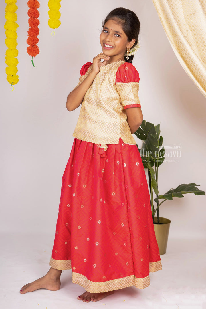 The Nesavu Pattu Pavadai Pleated Silk Skirt With Contrasting Latest Designer Blouse For Your Girls Nesavu 14 (6M) / Red / Silk Blend GPP240-14 Top 25 Pattu Pavadai Design Ideas | Stylish Traditional Party Wear | The Nesavu