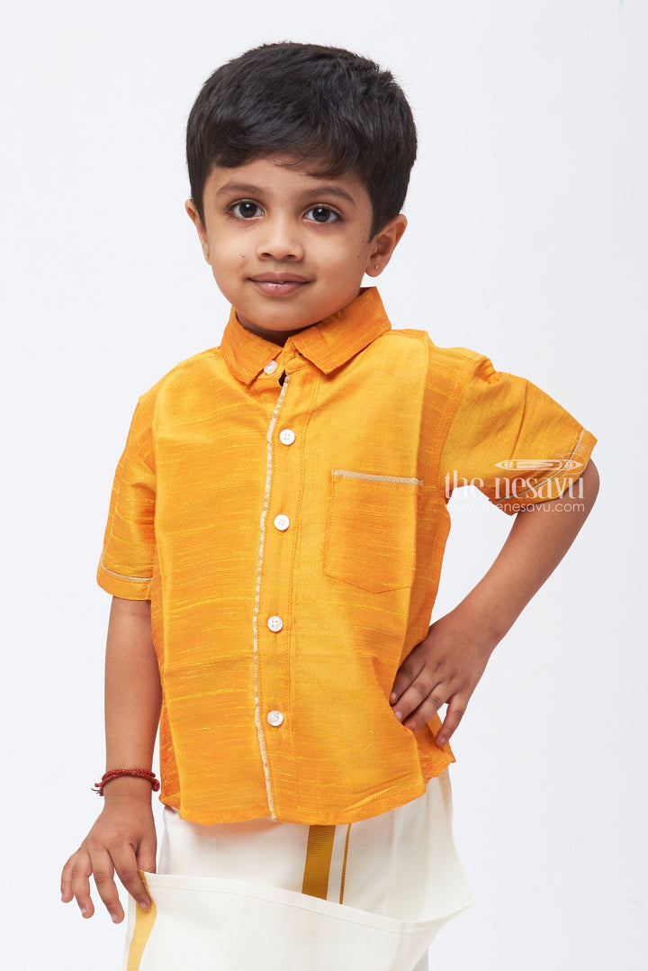 The Nesavu Boys Silk Shirt Premium Boys Yellow Silk Shirt with Silver Detailing: Perfect for Festive Seasons and Special Occasions Nesavu Premium Quality Boys Shirts | Durable and Stylish | The Nesavu