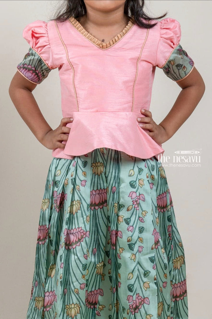 The Nesavu Pattu Pavadai Premium Green Silk Pattu Pavadai with Salmon Pink Floral Cuffs and Banarasi Border for Girls Nesavu Green Silk Pattu Pavadai with Salmon Pink Floral Cuffs and Banarasi Border for Girls | The Nesavu