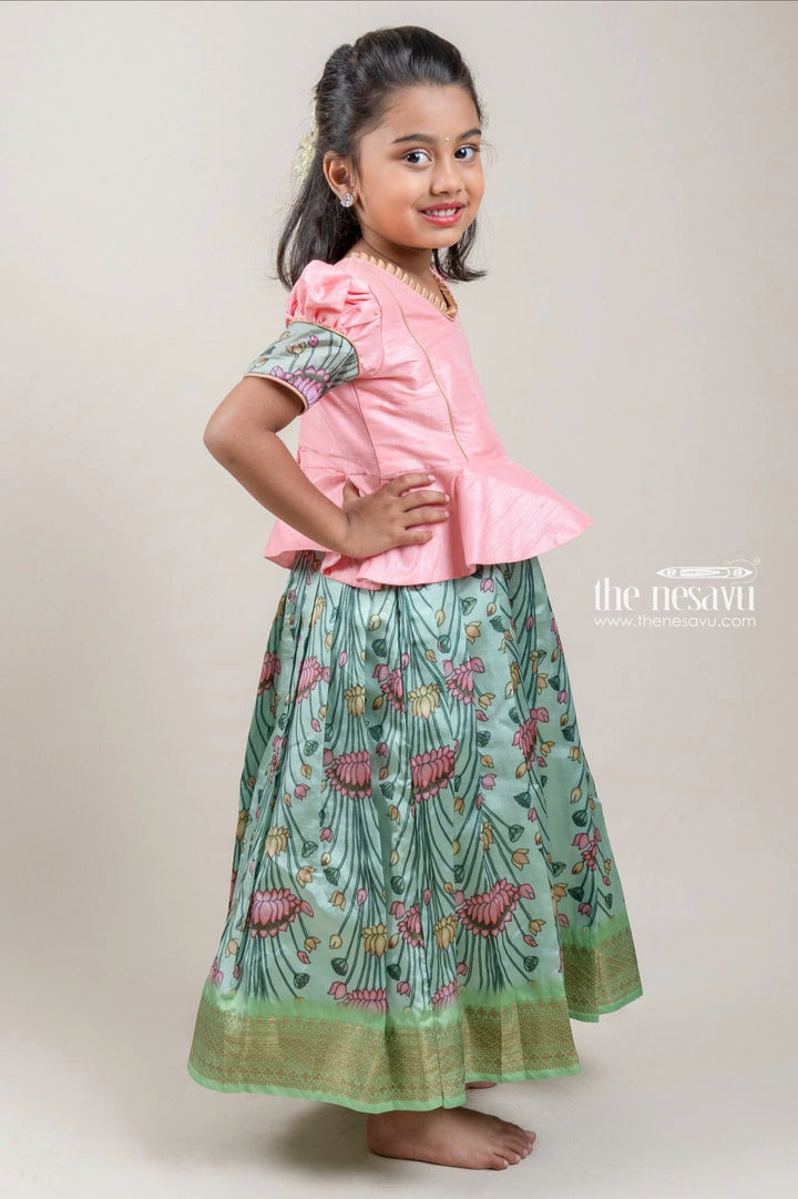 The Nesavu Pattu Pavadai Premium Green Silk Pattu Pavadai with Salmon Pink Floral Cuffs and Banarasi Border for Girls Nesavu Green Silk Pattu Pavadai with Salmon Pink Floral Cuffs and Banarasi Border for Girls | The Nesavu