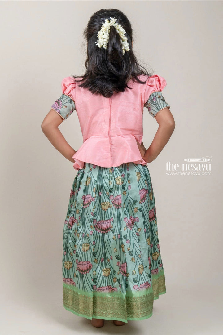 The Nesavu Pattu Pavadai Premium Green Silk Pattu Pavadai with Salmon Pink Floral Cuffs and Banarasi Border for Girls Nesavu Green Silk Pattu Pavadai with Salmon Pink Floral Cuffs and Banarasi Border for Girls | The Nesavu