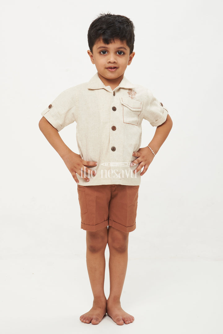 The Nesavu Boys Casual Set Premium Linen Cotton Blend Jacket Style Boys' Shirt and Shorts Set - Brown Nesavu 16 (1Y) / Brown BCS069A-16 Boys' Premium Linen Cotton Jacket Style Shirt and Shorts Set - Brown