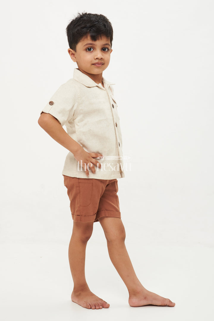 The Nesavu Boys Casual Set Premium Linen Cotton Blend Jacket Style Boys' Shirt and Shorts Set - Brown Nesavu Boys' Premium Linen Cotton Jacket Style Shirt and Shorts Set - Brown