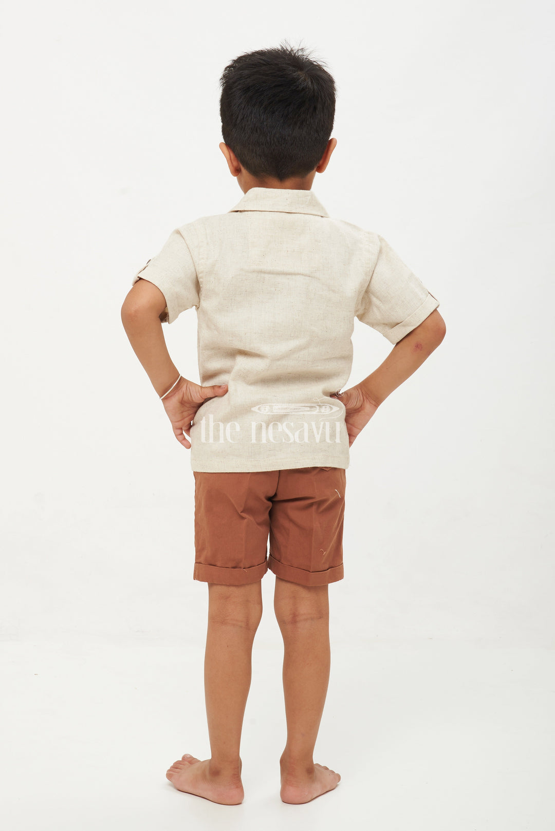 The Nesavu Boys Casual Set Premium Linen Cotton Blend Jacket Style Boys' Shirt and Shorts Set - Brown Nesavu Boys' Premium Linen Cotton Jacket Style Shirt and Shorts Set - Brown