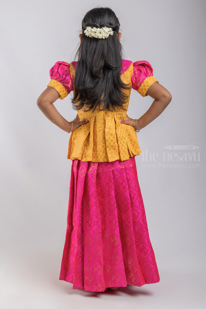 The Nesavu Pattu Pavadai Premium Yellow Brocade Designer Pleated Blouse And Pink Floral Designer Silk Skirt For Girls psr silks Nesavu