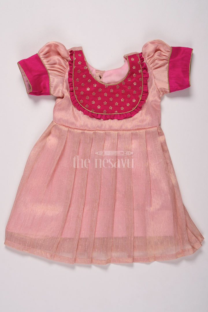 The Nesavu Silk Frock Pretty Pink Birthday Frocks for Girls with Charming Silver Tissue Fabric Nesavu 14 (6M) / Pink SF759G-14 Nesavus Pink Birthday Frocks Girls Silver Tissue Golden Motif Detailing