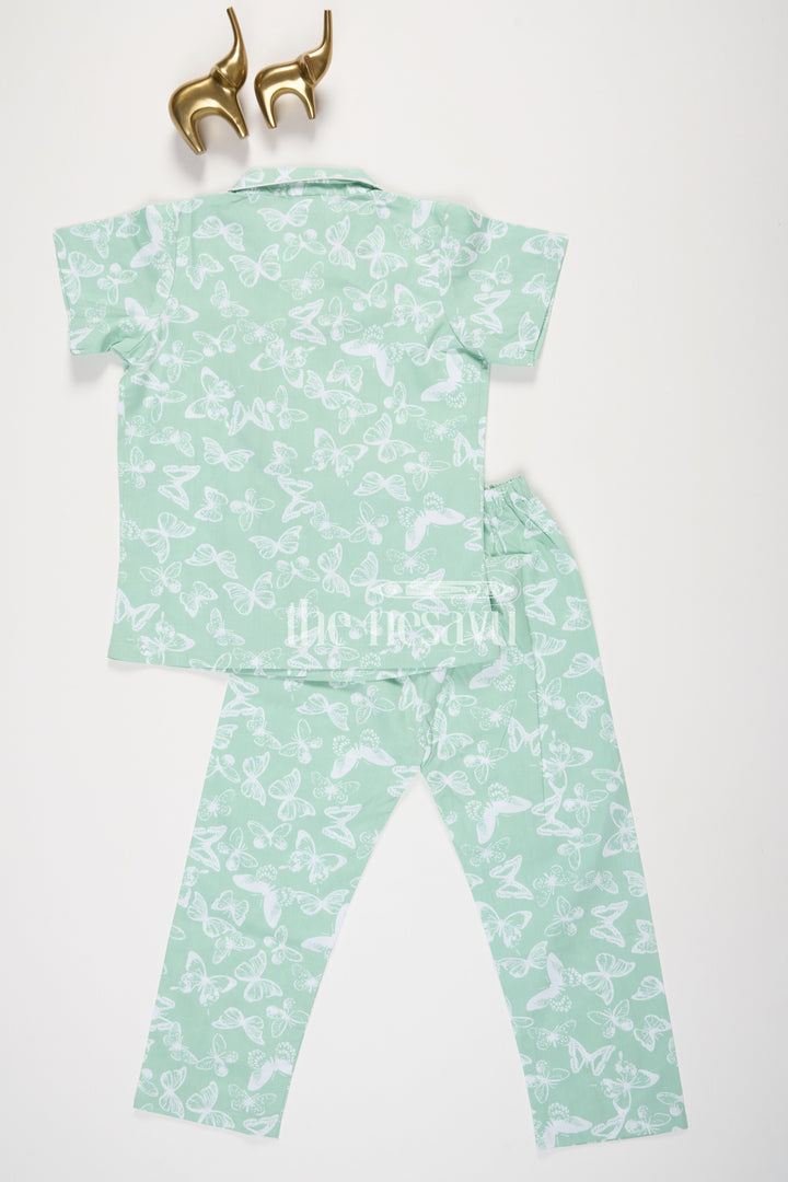 The Nesavu Night Dress Pure Cotton Unisex Night Suit with Butterfly Print in Green for Kids Nesavu Pure Cotton Unisex Night Suit with Butterfly Print in Green for Kids Nesavu