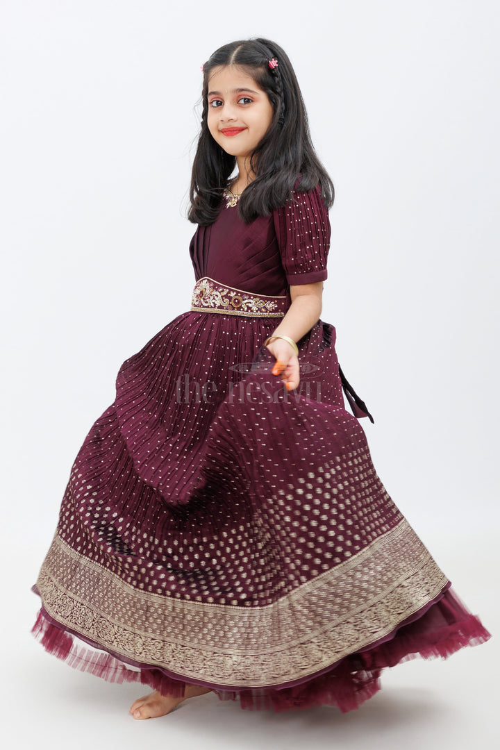 The Nesavu Girls Silk Gown Purple Blend Silk Designer Gown with Gold Foil Print Nesavu 24 (5Y) / Purple GA241A-24 Purple Blend Silk Designer Gown with Gold Foil Print - Nesavu