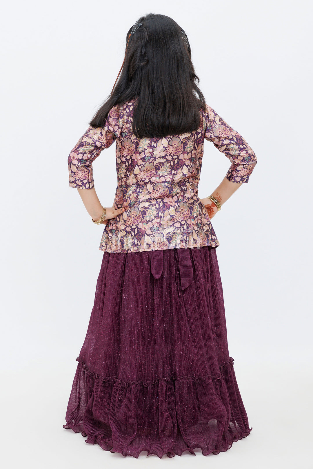 The Nesavu Girls Party Gown Purple Chinon Silk Printed Party Gown with Pleated Design and Floral Jacket for Girls Nesavu Purple Chinon Silk Printed Party Gown with Floral Jacket for Girls Nesavu