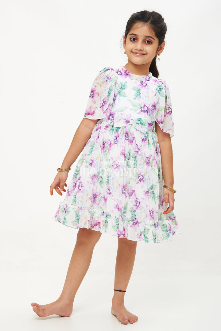 The Nesavu Girls Fancy Frock Purple Floral Georgette Printed Frock with Pleated Skirt and Puff Sleeves for Girls Nesavu 18 (2Y) / Lavender GFC1349B-18