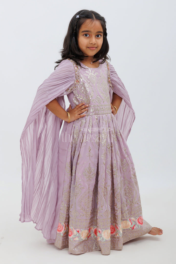 The Nesavu Girls Party Gown Purple Georgette Embroidered Gown with Floral Hemline and Bishop Sleeves Nesavu Purple Georgette Embroidered Gown with Floral Hemline - Nesavu