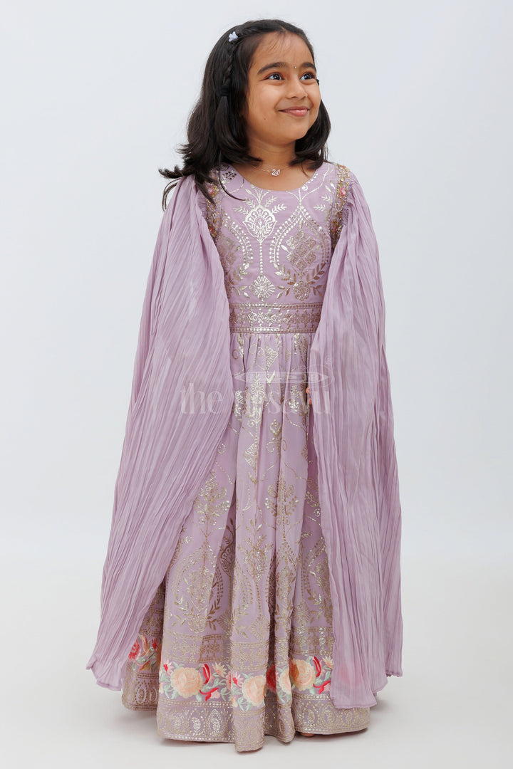 The Nesavu Girls Party Gown Purple Georgette Embroidered Gown with Floral Hemline and Bishop Sleeves Nesavu Purple Georgette Embroidered Gown with Floral Hemline - Nesavu