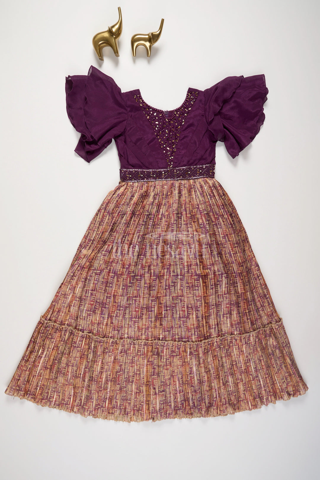 The Nesavu Girls Party Gown Purple Girls Party Gown with Pleated Skirt and Embroidered Bodice for Formal Events Nesavu Nesavu Purple Girls Party Gown Embroidered Bodice Gold Pleated Skirt Formal Occasions