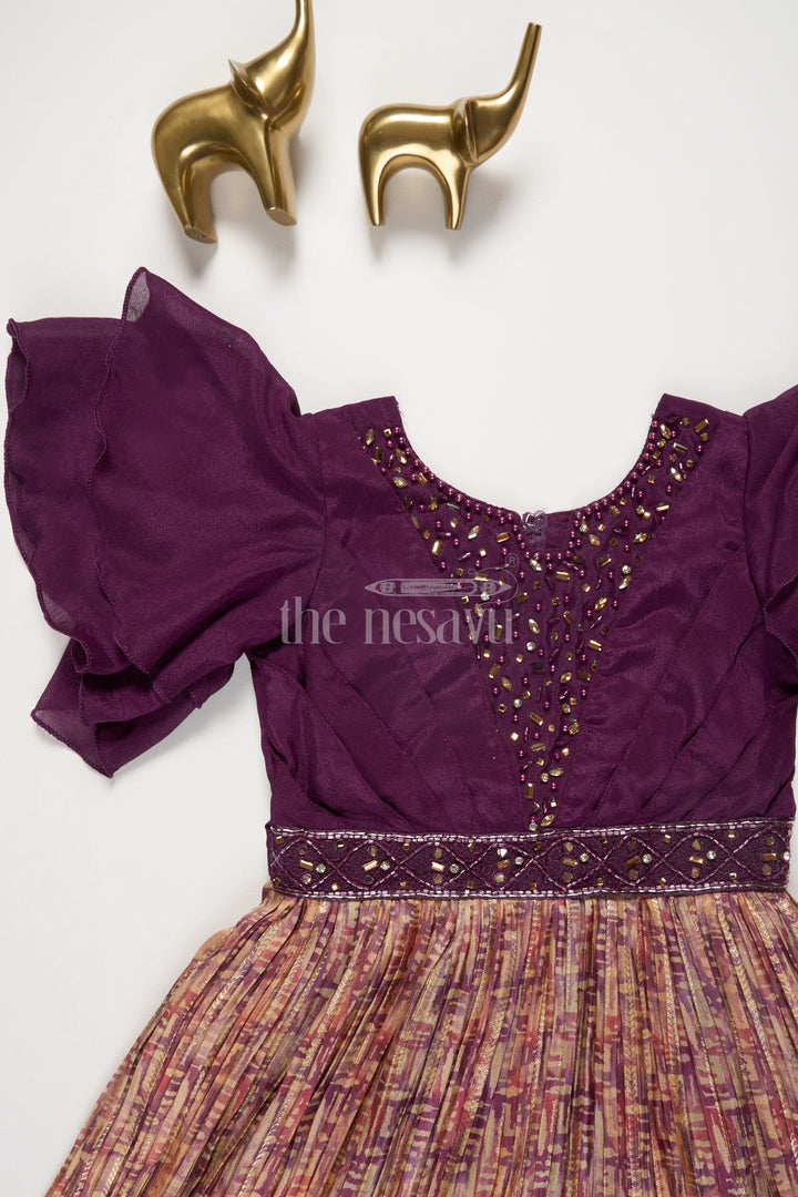 The Nesavu Girls Party Gown Purple Girls Party Gown with Pleated Skirt and Embroidered Bodice for Formal Events Nesavu Nesavu Purple Girls Party Gown Embroidered Bodice Gold Pleated Skirt Formal Occasions