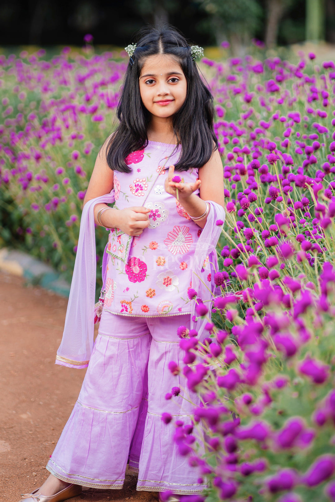 The Nesavu Girls Sharara / Plazo Set Purple Sharara Set with Floral Thread Embroidery and Gota Patti Highlights for Girls Nesavu 18 (2Y) / Purple GPS389A-18 Purple Sharara Set with Floral Thread Embroidery and Gota Patti Highlights for Girls Nesavu