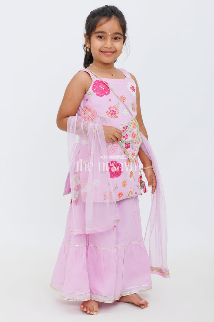 The Nesavu Girls Sharara / Plazo Set Purple Sharara Set with Floral Thread Embroidery and Gota Patti Highlights for Girls Nesavu Purple Sharara Set with Floral Thread Embroidery and Gota Patti Highlights for Girls Nesavu