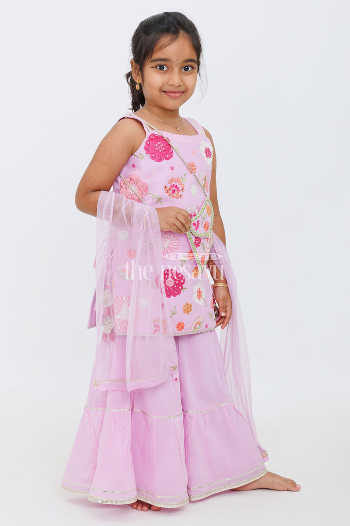 The Nesavu Girls Sharara / Plazo Set Purple Sharara Set with Floral Thread Embroidery and Gota Patti Highlights for Girls Nesavu Purple Sharara Set with Floral Thread Embroidery and Gota Patti Highlights for Girls Nesavu