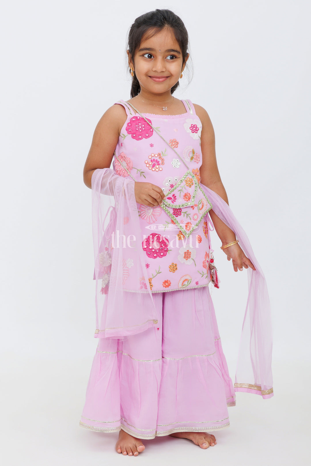 The Nesavu Girls Sharara / Plazo Set Purple Sharara Set with Floral Thread Embroidery and Gota Patti Highlights for Girls Nesavu Purple Sharara Set with Floral Thread Embroidery and Gota Patti Highlights for Girls Nesavu