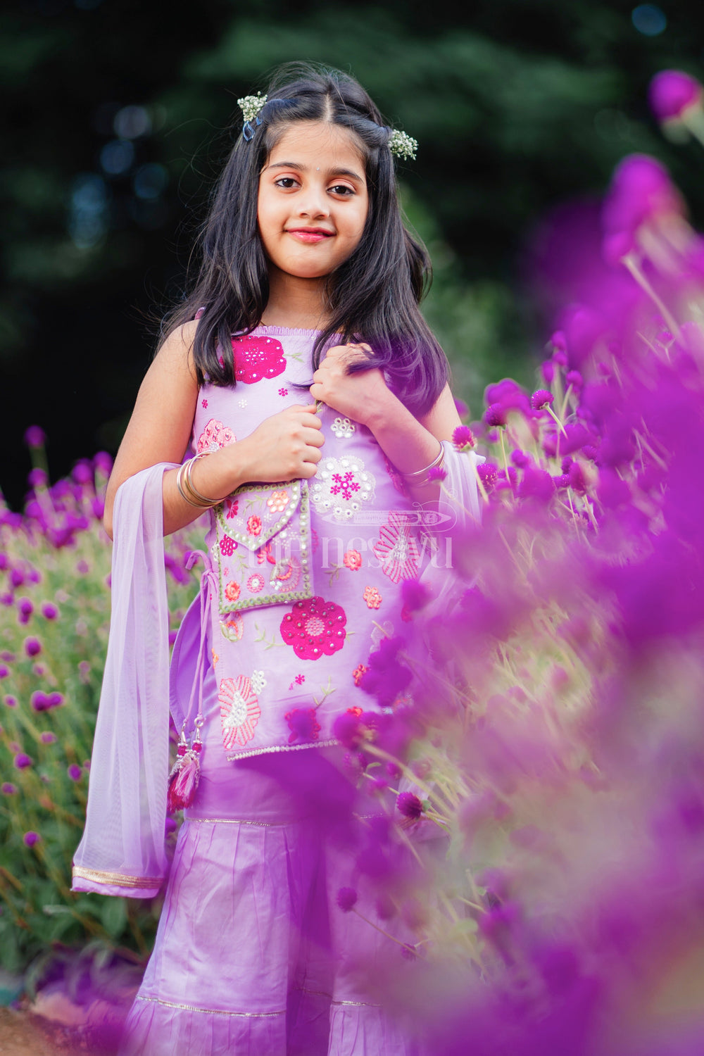 The Nesavu Girls Sharara / Plazo Set Purple Sharara Set with Floral Thread Embroidery and Gota Patti Highlights for Girls Nesavu Purple Sharara Set with Floral Thread Embroidery and Gota Patti Highlights for Girls Nesavu