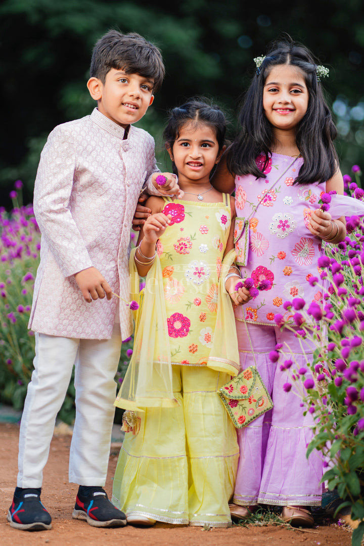 The Nesavu Girls Sharara / Plazo Set Purple Sharara Set with Floral Thread Embroidery and Gota Patti Highlights for Girls Nesavu Purple Sharara Set with Floral Thread Embroidery and Gota Patti Highlights for Girls Nesavu