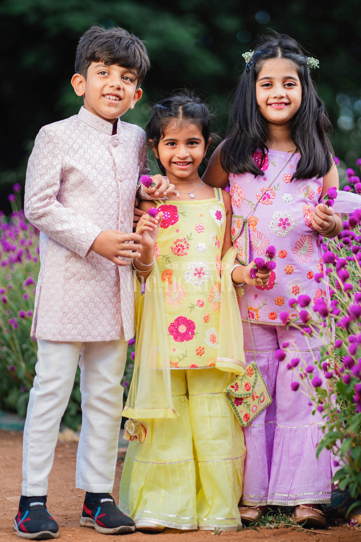 The Nesavu Girls Sharara / Plazo Set Purple Sharara Set with Floral Thread Embroidery and Gota Patti Highlights for Girls Nesavu Purple Sharara Set with Floral Thread Embroidery and Gota Patti Highlights for Girls Nesavu