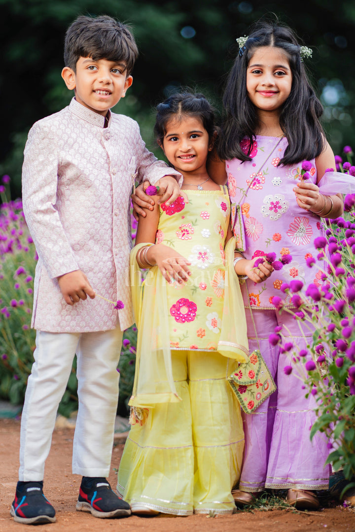 The Nesavu Girls Sharara / Plazo Set Purple Sharara Set with Floral Thread Embroidery and Gota Patti Highlights for Girls Nesavu Purple Sharara Set with Floral Thread Embroidery and Gota Patti Highlights for Girls Nesavu