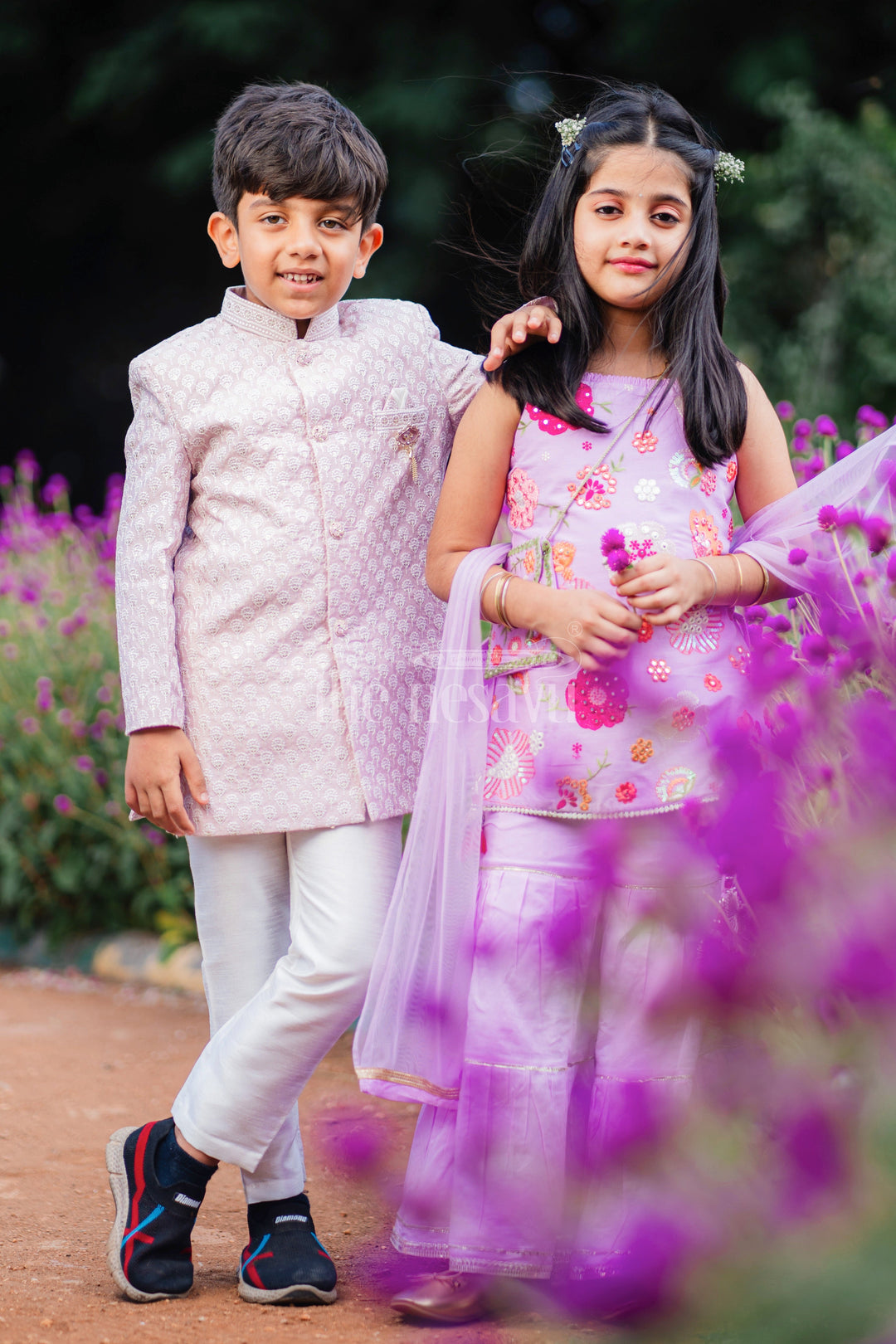 The Nesavu Girls Sharara / Plazo Set Purple Sharara Set with Floral Thread Embroidery and Gota Patti Highlights for Girls Nesavu Purple Sharara Set with Floral Thread Embroidery and Gota Patti Highlights for Girls Nesavu