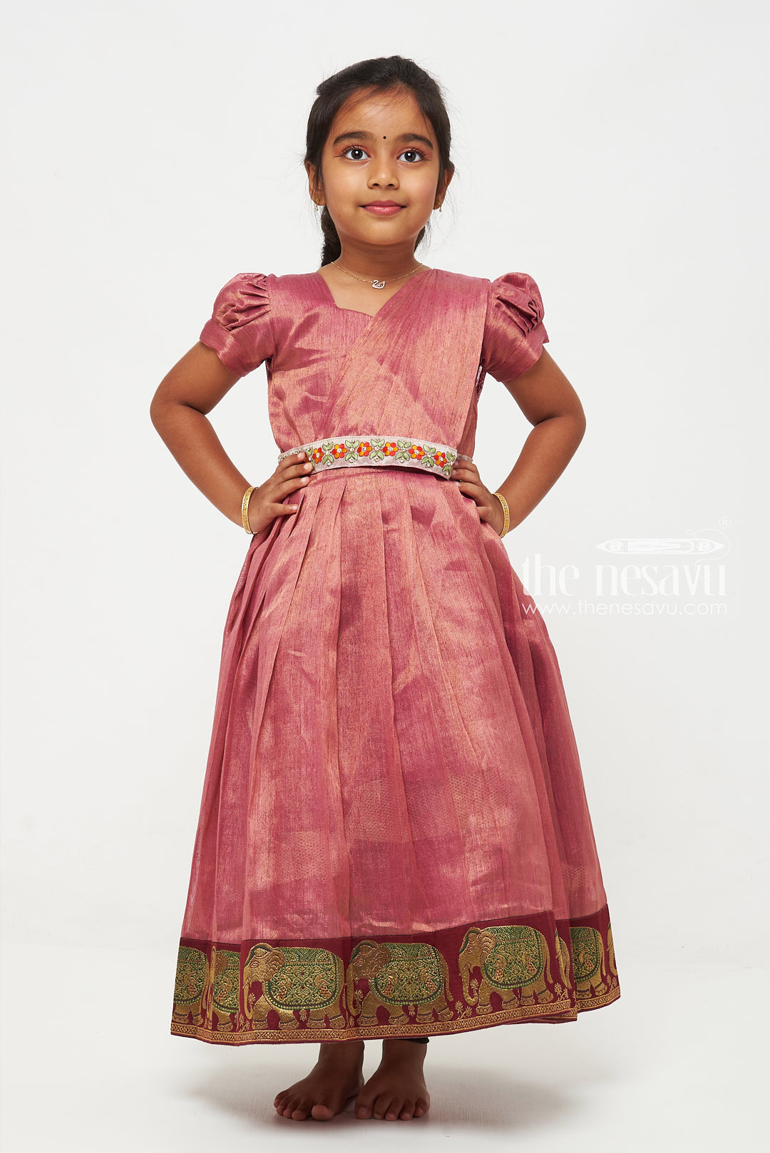 The Nesavu Girls Silk Gown Purple Tissue Fabric Saree Gown for Girls with Embroidered Hip Belt Nesavu