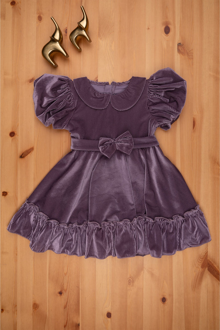 The Nesavu Frocks & Dresses Purple Velvet Baby Girl Frock - Peter Pan Collar & Bow Embellishment Nesavu Girls Velvet Frock | Party frock for Baby Girls | The Nesavu