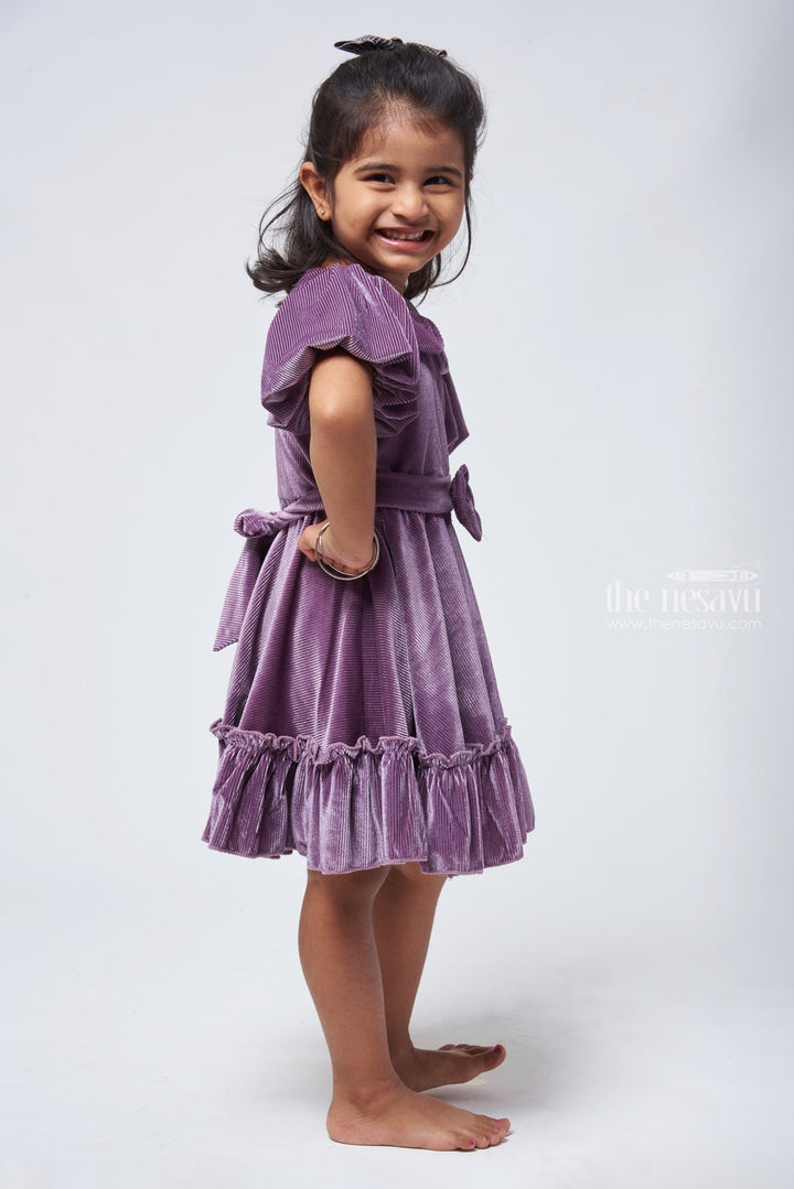 The Nesavu Frocks & Dresses Purple Velvet Baby Girl Frock - Peter Pan Collar & Bow Embellishment Nesavu Girls Velvet Frock | Party frock for Baby Girls | The Nesavu