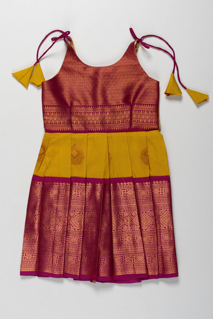 The Nesavu Tie-up Frock Radiant Silk Knot-Tie Frock for Namakarana and Karnavedha: Diverse and Bold Color Combinations Nesavu 14 (6M) / Yellow / Style 2 T379B-14 Stylish Maroon and Gold Silk Dresses for Kids | Unique Party Wear with Adjustable Ties | The Nesavu