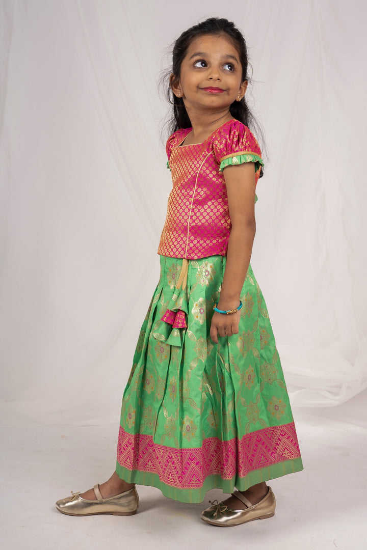 The Nesavu Pattu Pavadai Ramar Green Silk Skirt Attached Brocade Silk Puff Sleeve Blouse For Baby Girls psr silks Nesavu