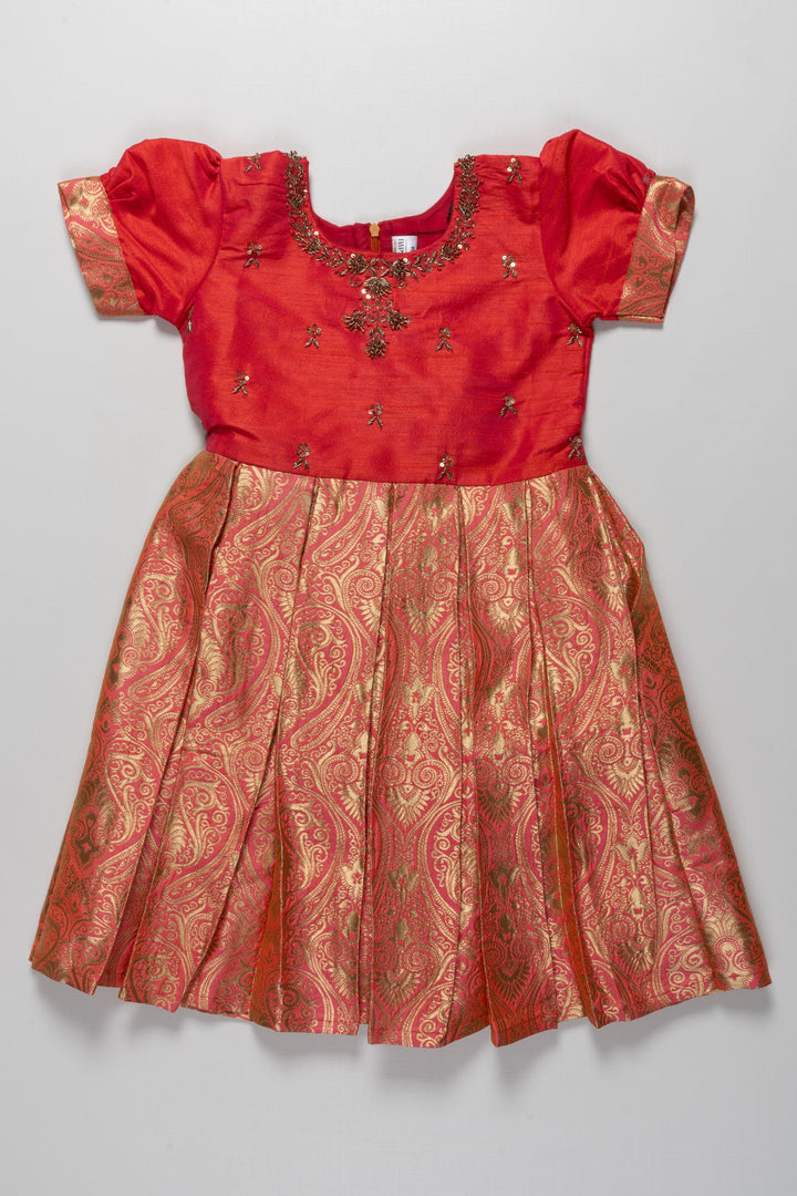 The Nesavu Silk Party Frock Red and Orange Banarasi Semi-Silk Dress for Girls - Perfect for Festive Celebrations Nesavu 16 (1Y) / Salmon / Silk Blend SF781C-16 Red and Orange Banarasi Semi-Silk Dress for Girls - Festive Celebrations