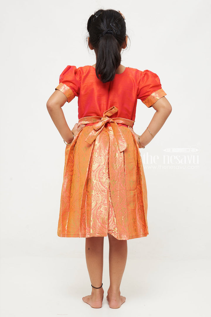 The Nesavu Silk Party Frock Red and Orange Banarasi Semi-Silk Dress for Girls - Perfect for Festive Celebrations Nesavu Red and Orange Banarasi Semi-Silk Dress for Girls - Festive Celebrations