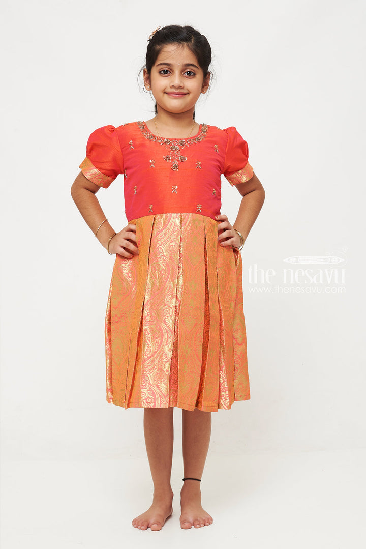 The Nesavu Silk Party Frock Red and Orange Banarasi Semi-Silk Dress for Girls - Perfect for Festive Celebrations Nesavu Red and Orange Banarasi Semi-Silk Dress for Girls - Festive Celebrations